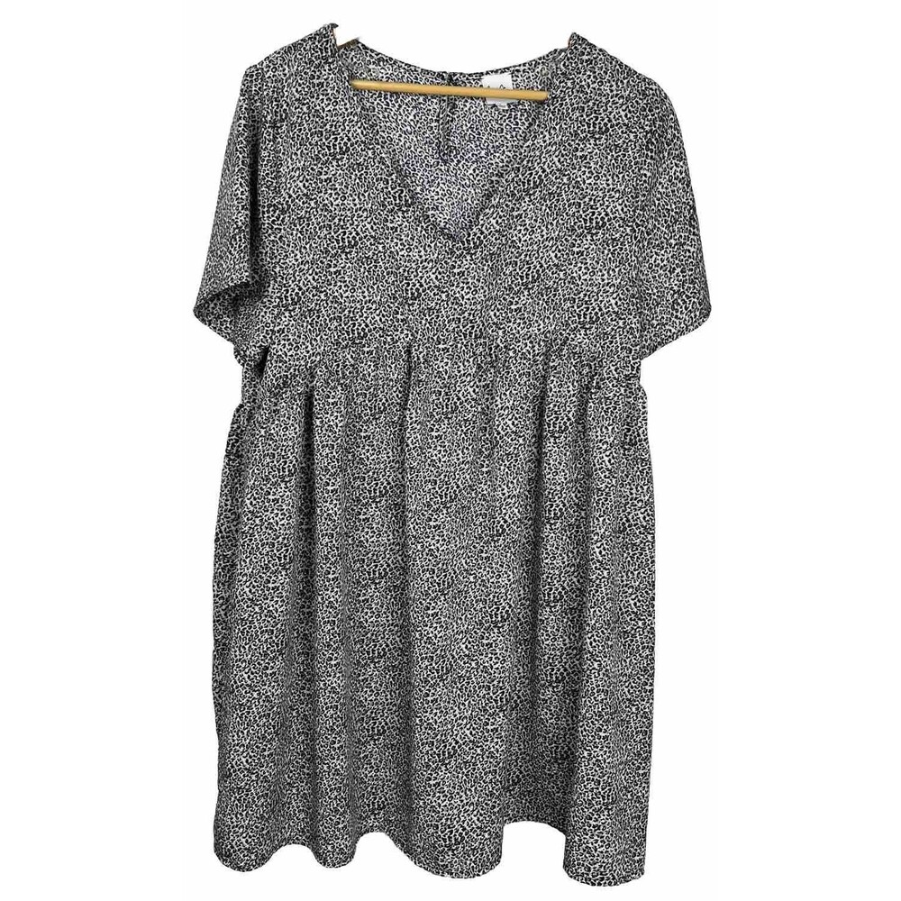 Cozy Casual Leopard Print Babydoll Mini Dress Large Flowy Flutter Sleeve Brown‎